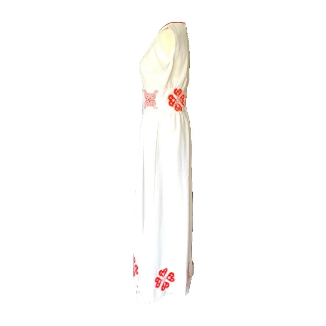 1960s White & Red Peasant Dress with Red Flower Appliques. Bohemian Girls this is for You!