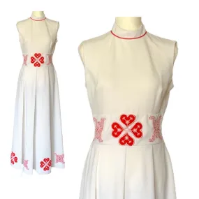 1960s White & Red Peasant Dress with Red Flower Appliques. Bohemian Girls this is for You!