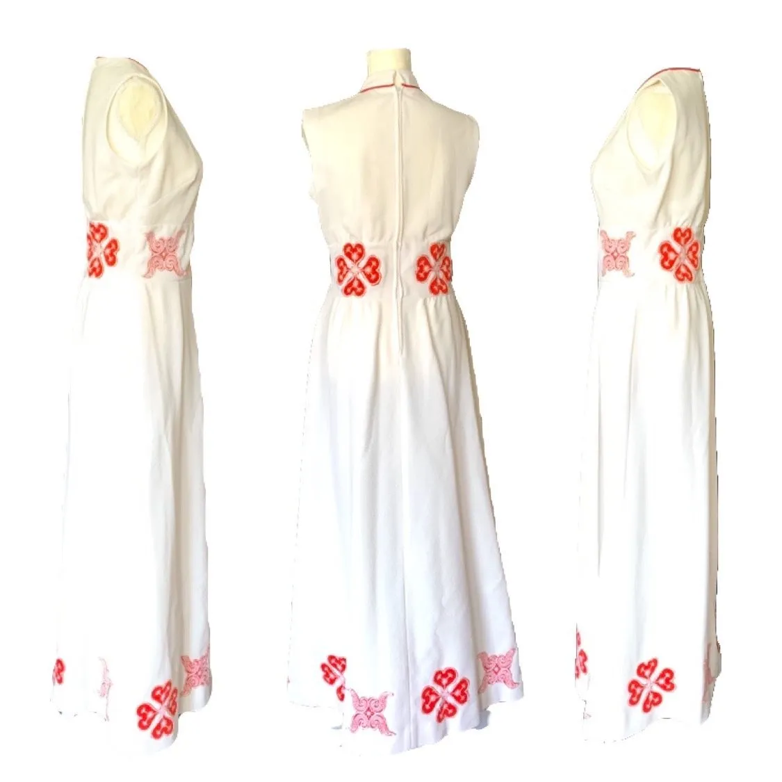 1960s White & Red Peasant Dress with Red Flower Appliques. Bohemian Girls this is for You!