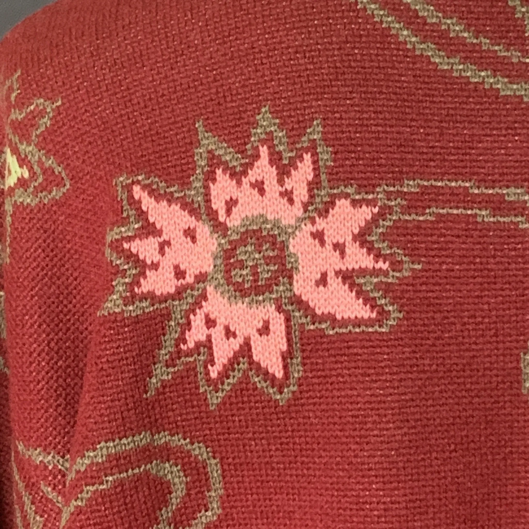 1980s Red Wool Sweater with Pink Floral Design by United Colors of Benetton. Sustainable Fall Fashion.