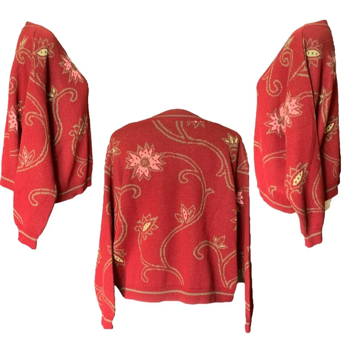 1980s Red Wool Sweater with Pink Floral Design by United Colors of Benetton. Sustainable Fall Fashion.