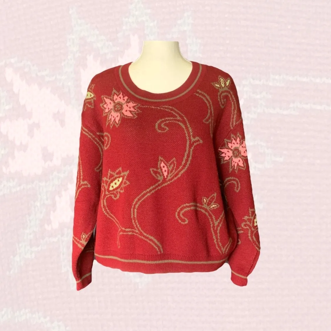 1980s Red Wool Sweater with Pink Floral Design by United Colors of Benetton. Sustainable Fall Fashion.