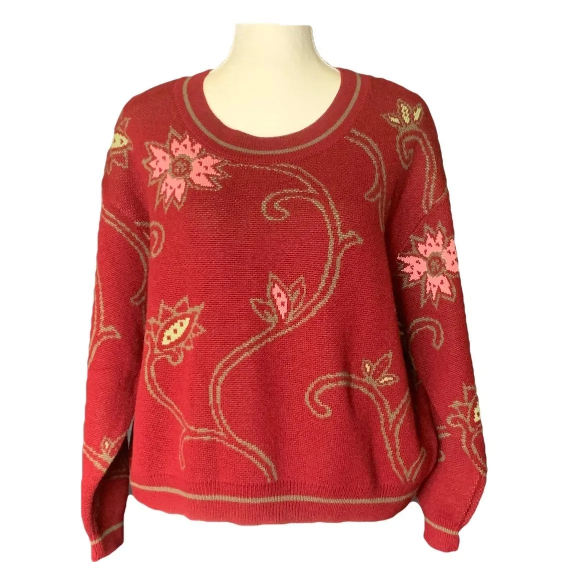 1980s Red Wool Sweater with Pink Floral Design by United Colors of Benetton. Sustainable Fall Fashion.