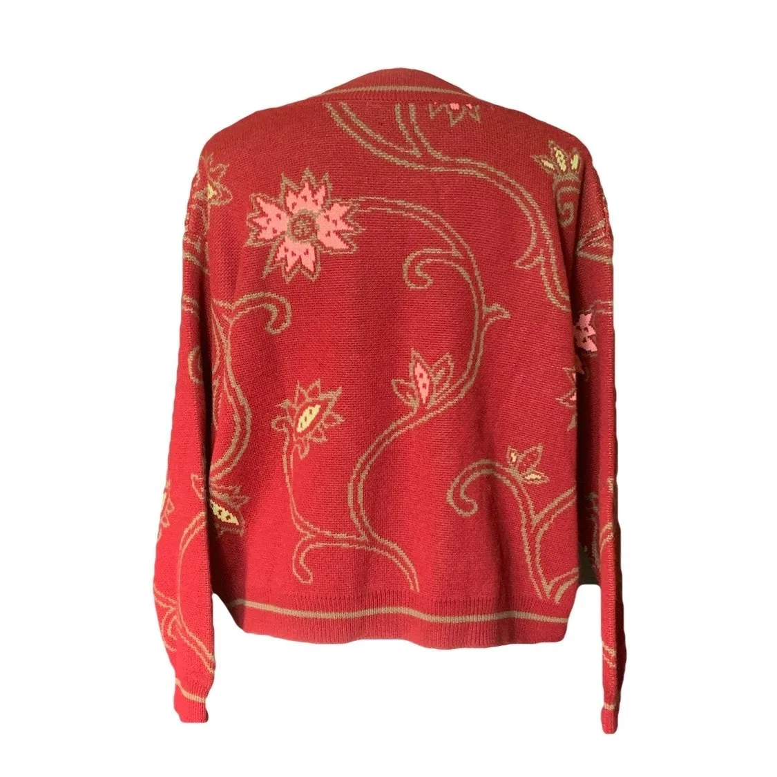 1980s Red Wool Sweater with Pink Floral Design by United Colors of Benetton. Sustainable Fall Fashion.