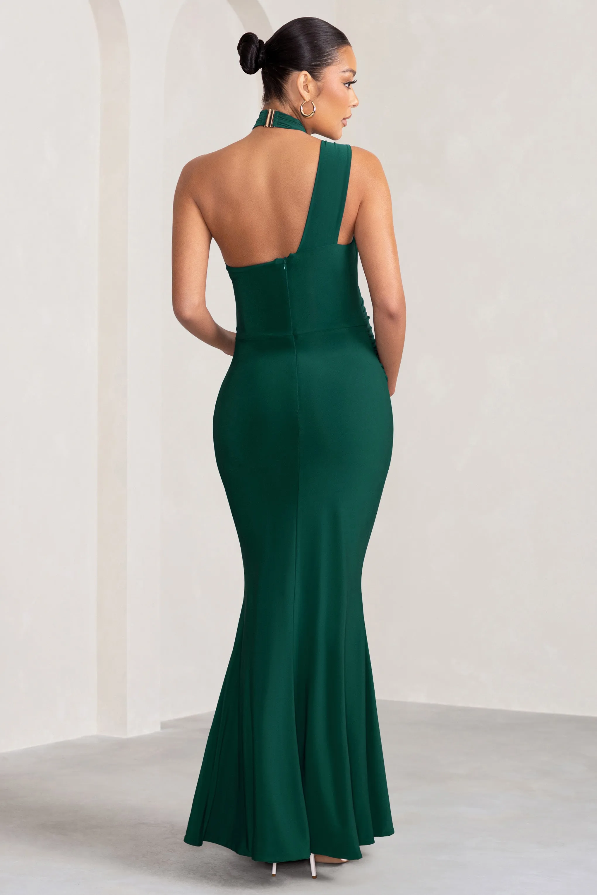 Alba | Bottle Green Maternity Halter Asymmetric Maxi Dress with Cut Out