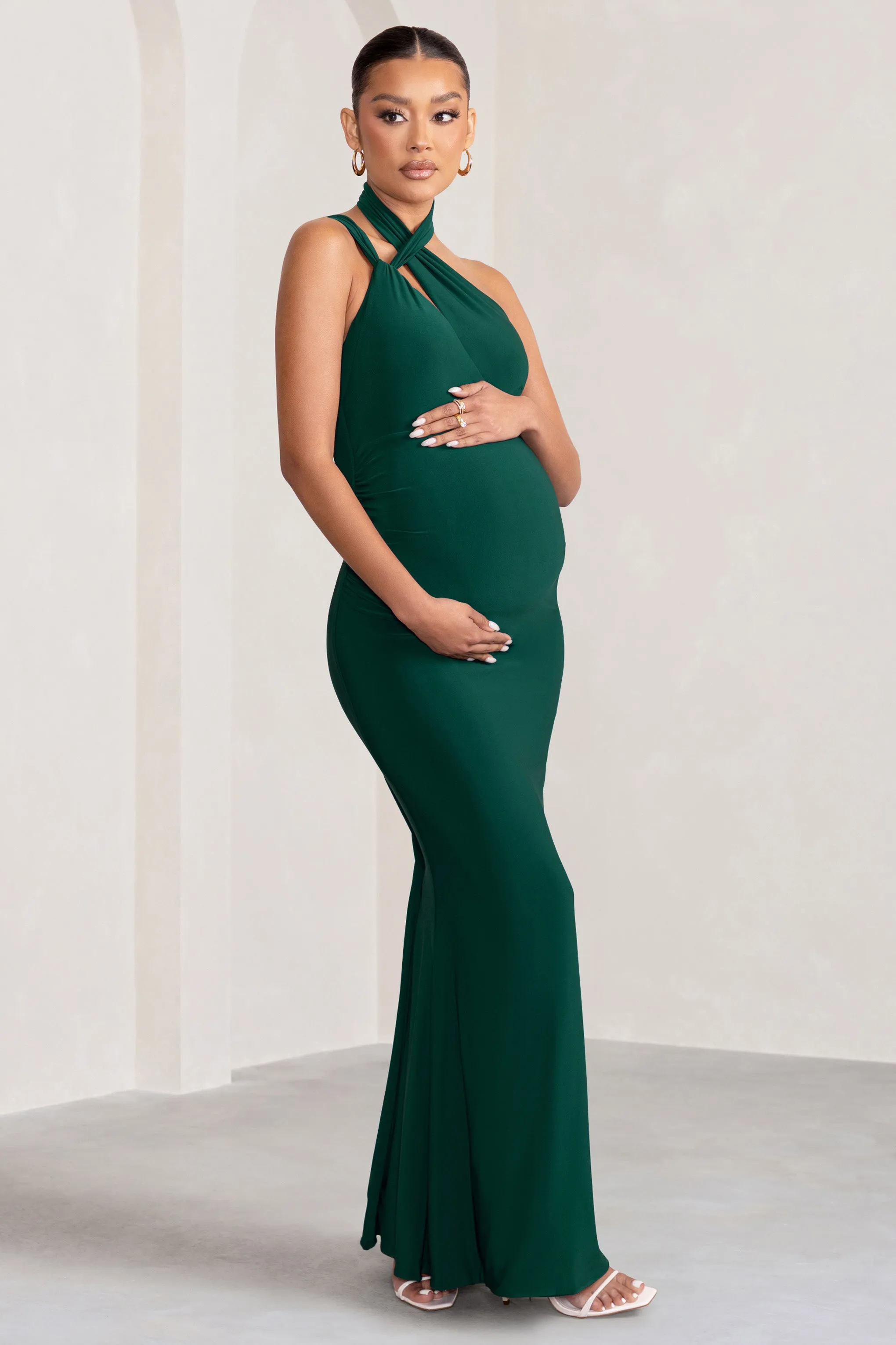 Alba | Bottle Green Maternity Halter Asymmetric Maxi Dress with Cut Out