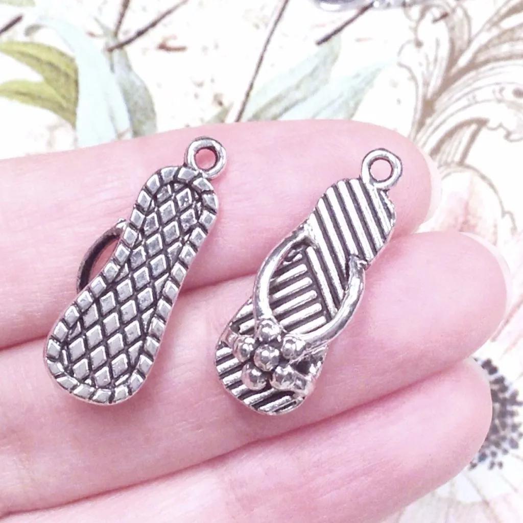 Beach Sandal Charms,, Antique Silver Pendants, 3 Dimensional, Lead Free, Nickel Free, 26x10x6mm, 2mm Loop, Lot Size 8, #2049