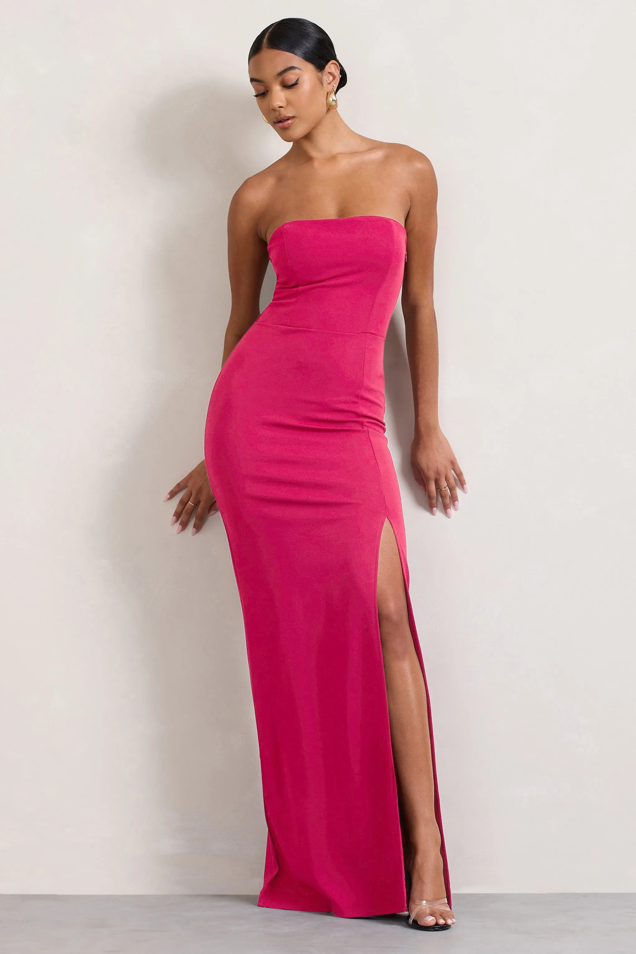 Belle of The Ball | Hot Pink Bandeau Maxi Dress With Split Hem