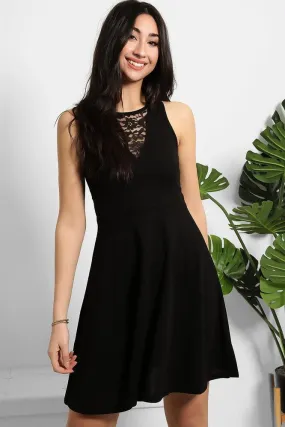 Black Lace Details Sleeveless Skater Dress