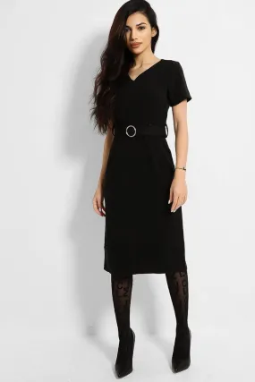 Black O-Ring Belt V-Neck Midi Dress