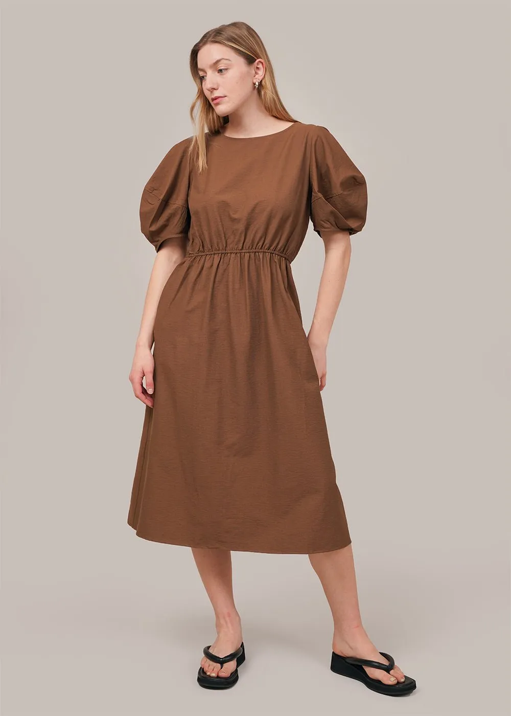 Brown Balloon Sleeve Midi Dress