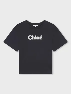 Chloé Girls Navy Blue Embroidered Cotton T-Shirt