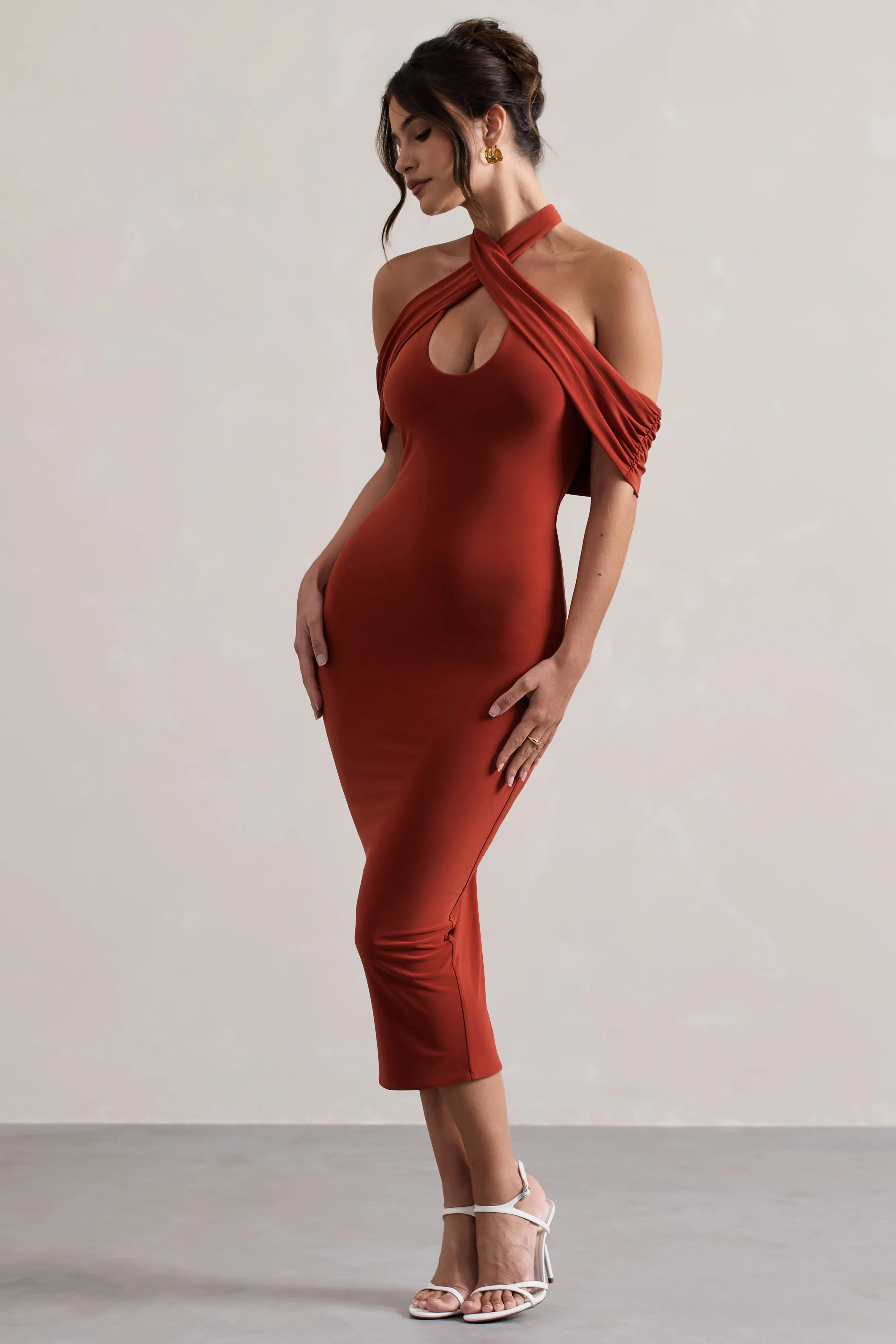 Connect | Terracotta Bodycon Halter-Neck Midi Dress With Cut-Out