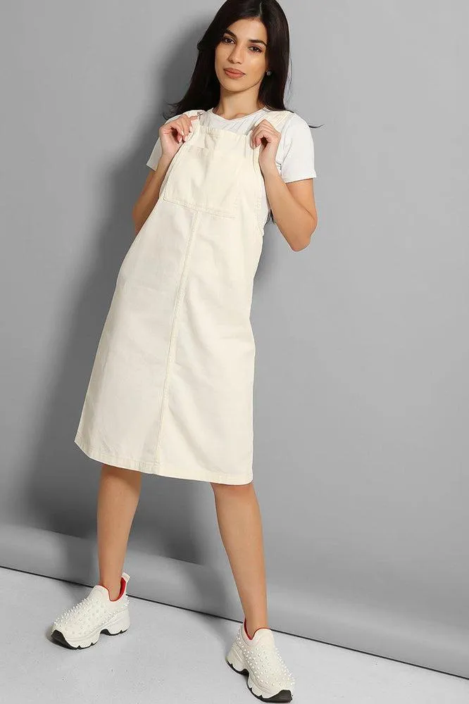 Cream Fine Denim Midi Pinafore Dress