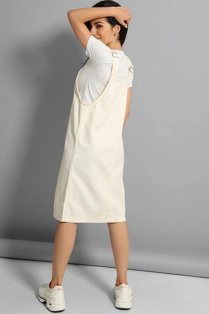 Cream Fine Denim Midi Pinafore Dress