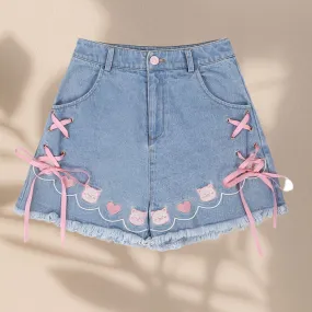 Cute Y2K Cat Embroidered Criss Bow Ripped Denim Shorts