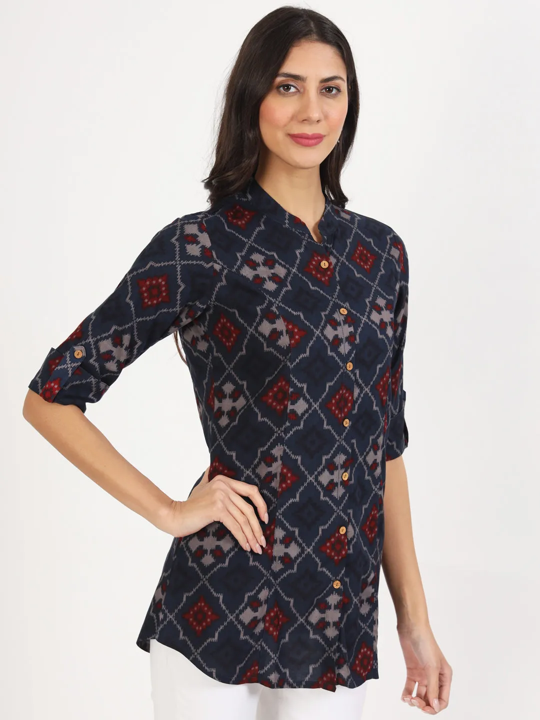 Divena Blue Geometric Printed Rayon Top