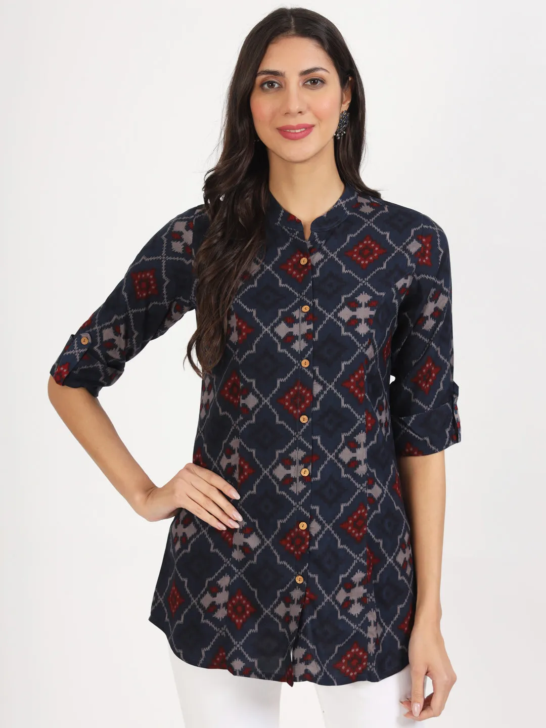 Divena Blue Geometric Printed Rayon Top