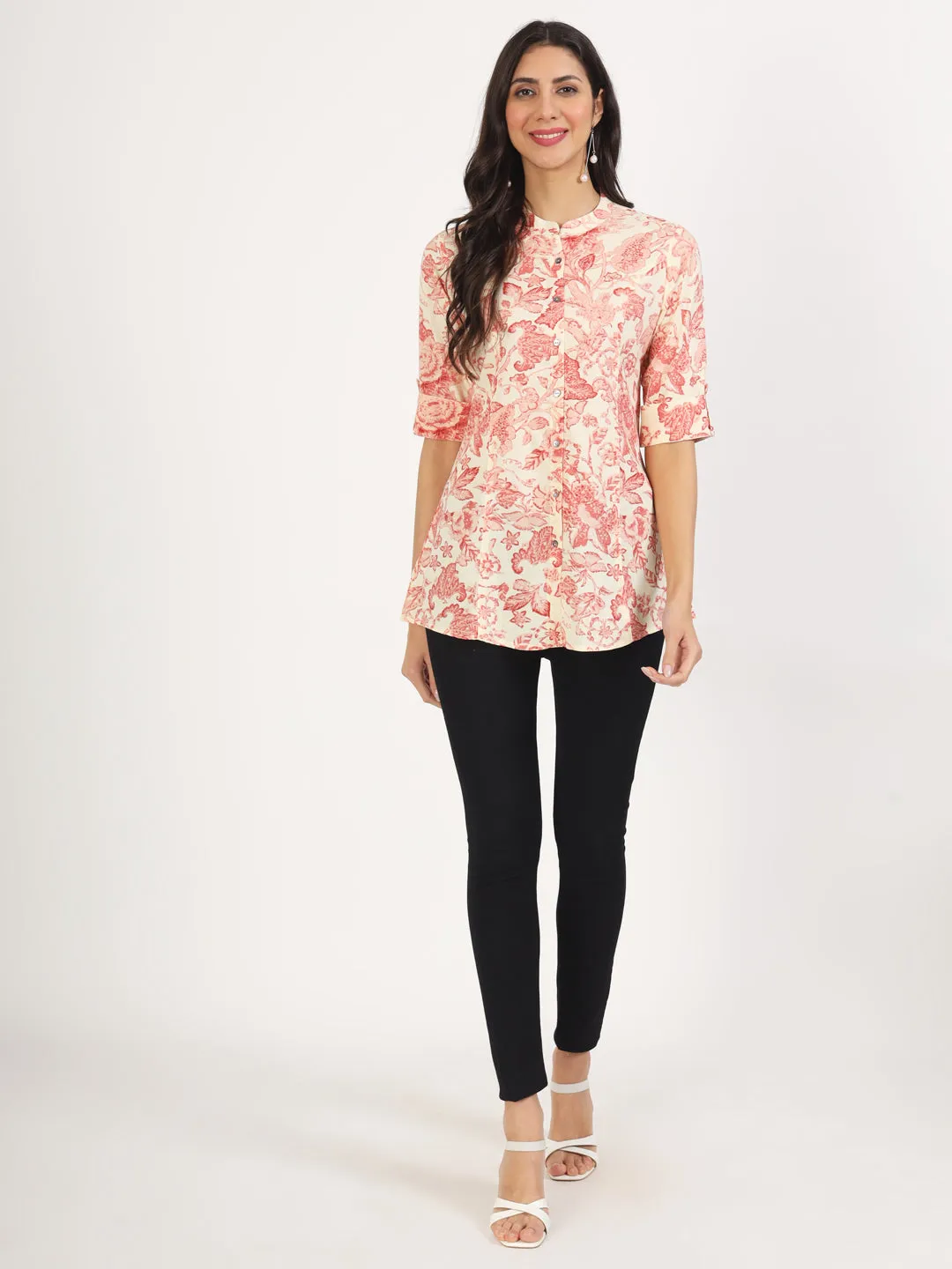 Divena Cream Floral Printed Rayon Top