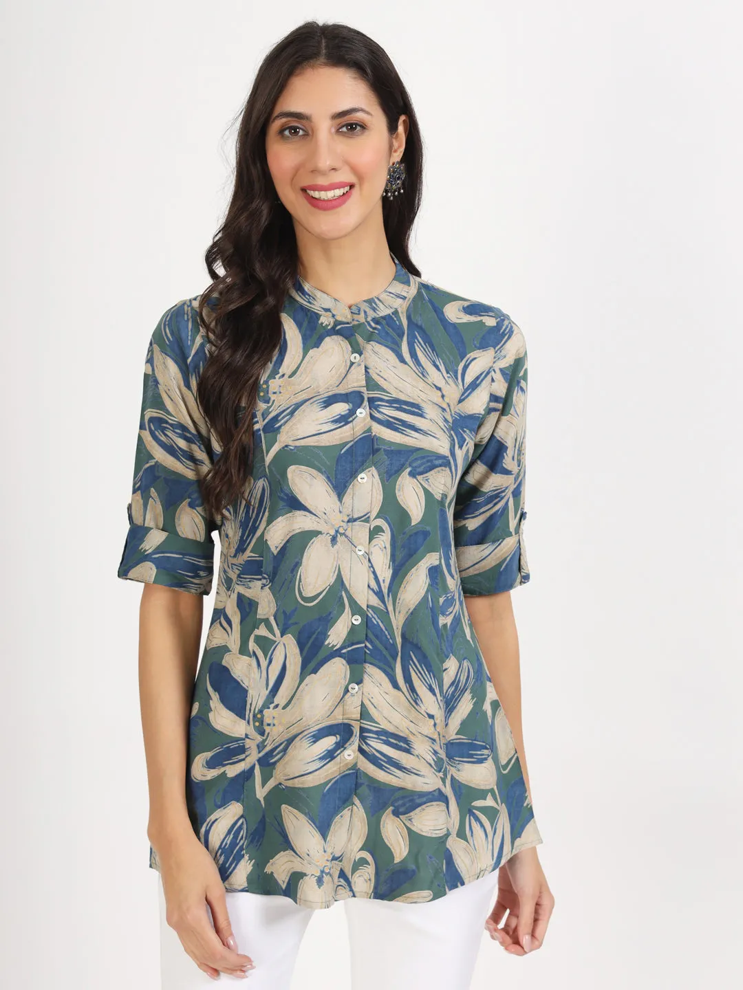 Divena Green Blue Floral Printed Rayon Top