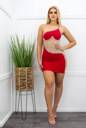 Embellished Rhinestones Mini Dress Red