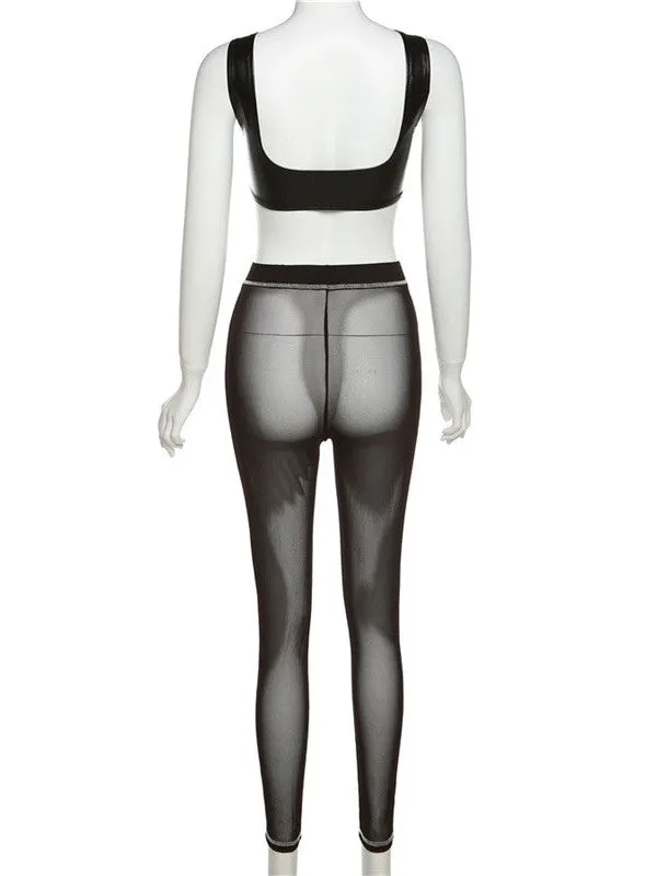 Faux Leather Crop Top Sheer Mesh Legging Pants