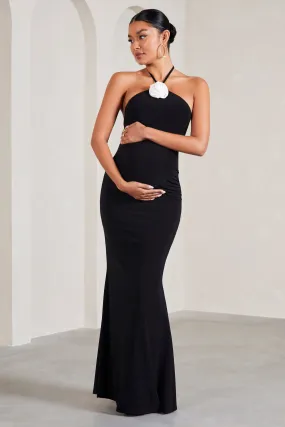 Loving | Black Halter-Neck Maternity Maxi Dress With Flower Corsage