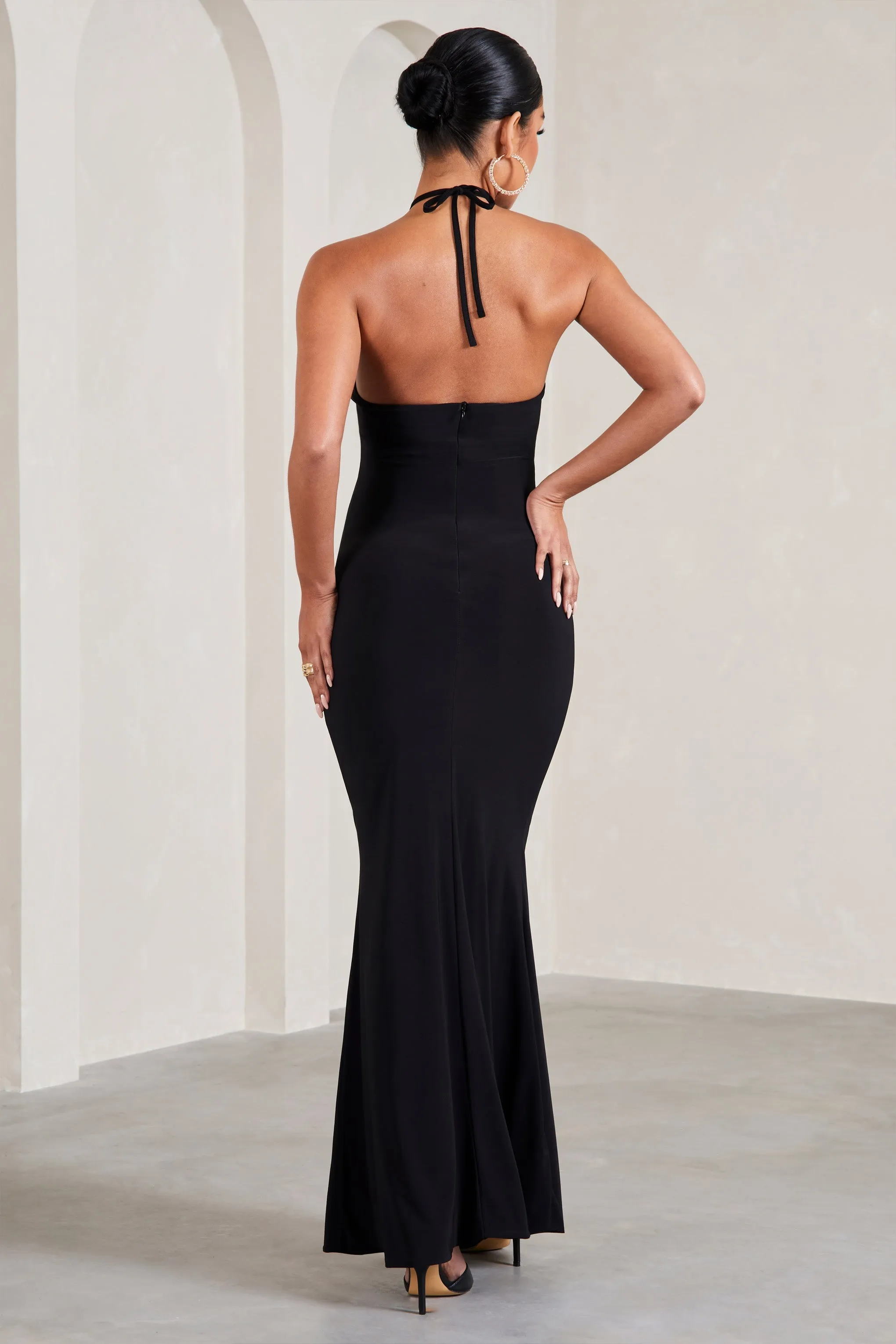 Loving | Black Halter-Neck Maternity Maxi Dress With Flower Corsage