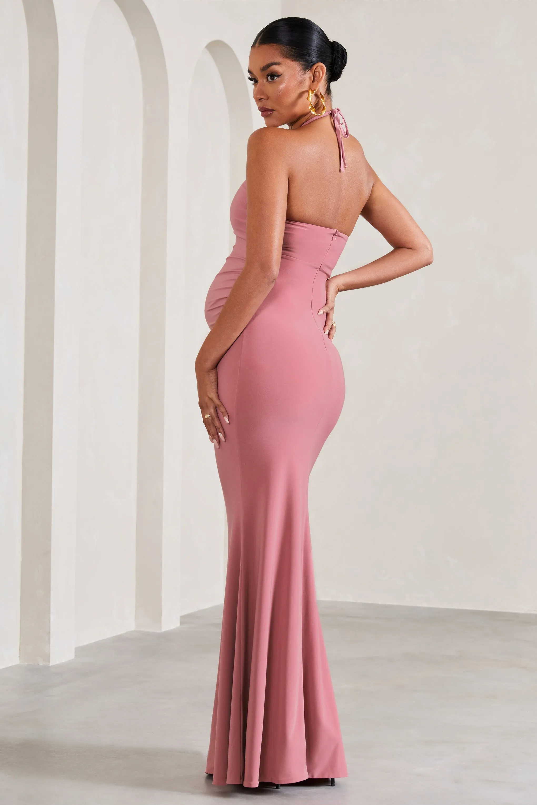 Loving | Blush Pink Halter-Neck Maternity Maxi Dress With Flower Corsage