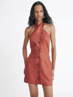 Matthew Bruch Twist Button-Up Mini Dress Terracotta Linen