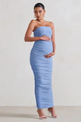 My Lady | Maternity Powder Blue Strapless Bodycon Ruched Mesh Maxi Dress