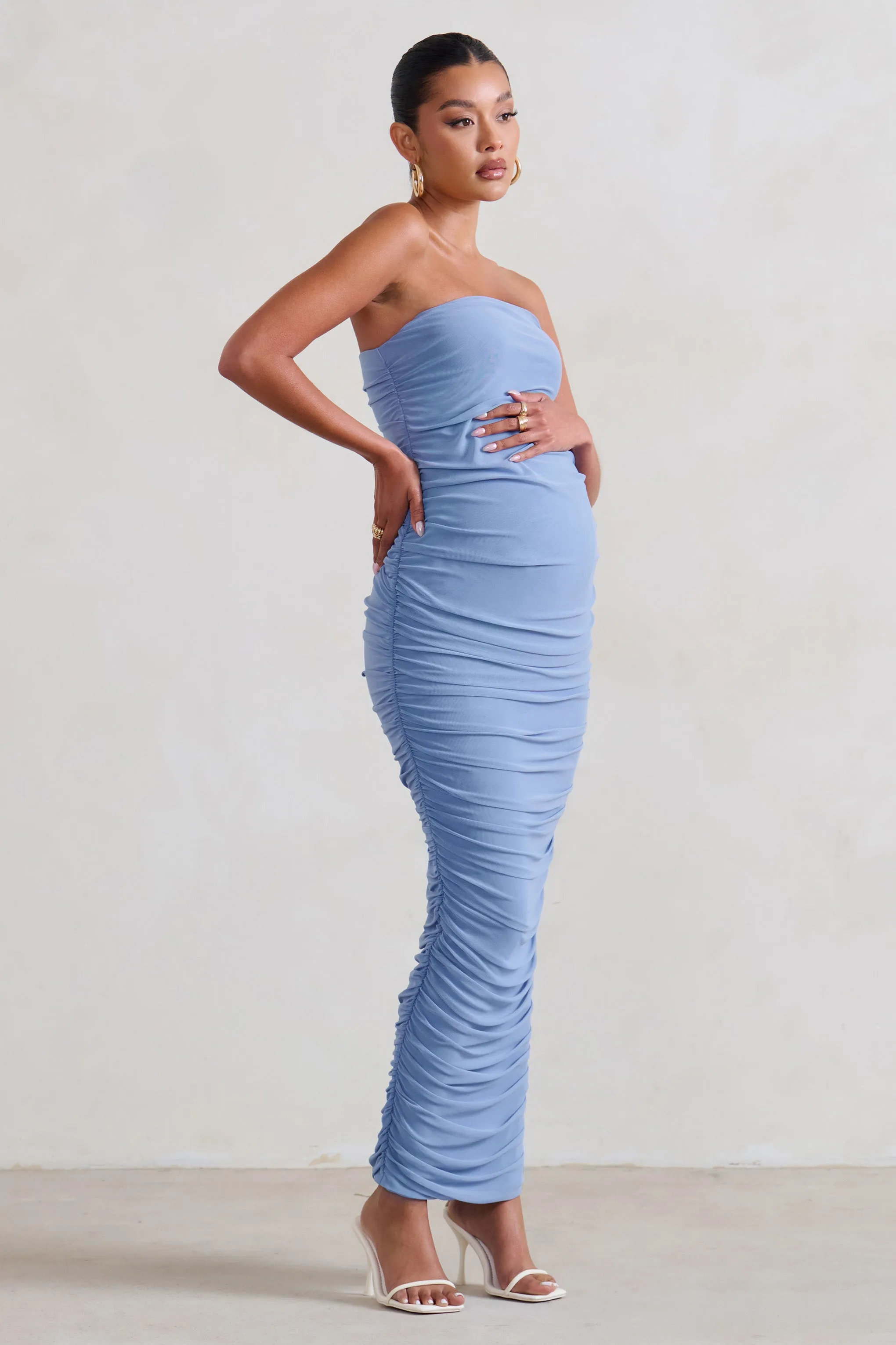 My Lady | Maternity Powder Blue Strapless Bodycon Ruched Mesh Maxi Dress