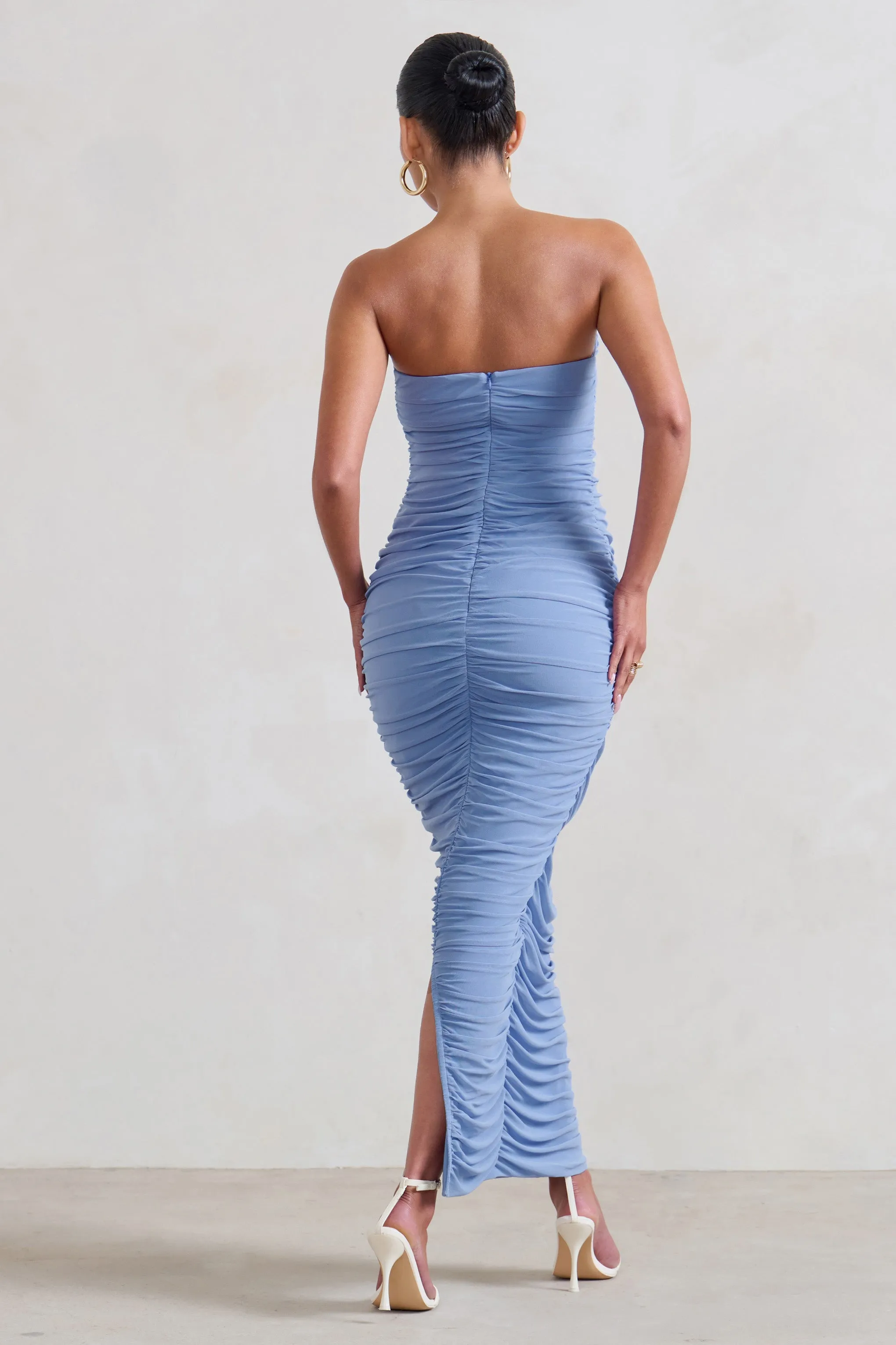 My Lady | Maternity Powder Blue Strapless Bodycon Ruched Mesh Maxi Dress