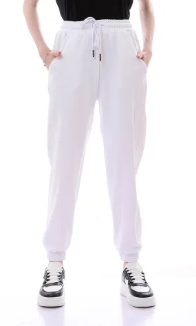 O165844 Comfy Solid Off-White Sweatpants With Elastic Waist Drawstring