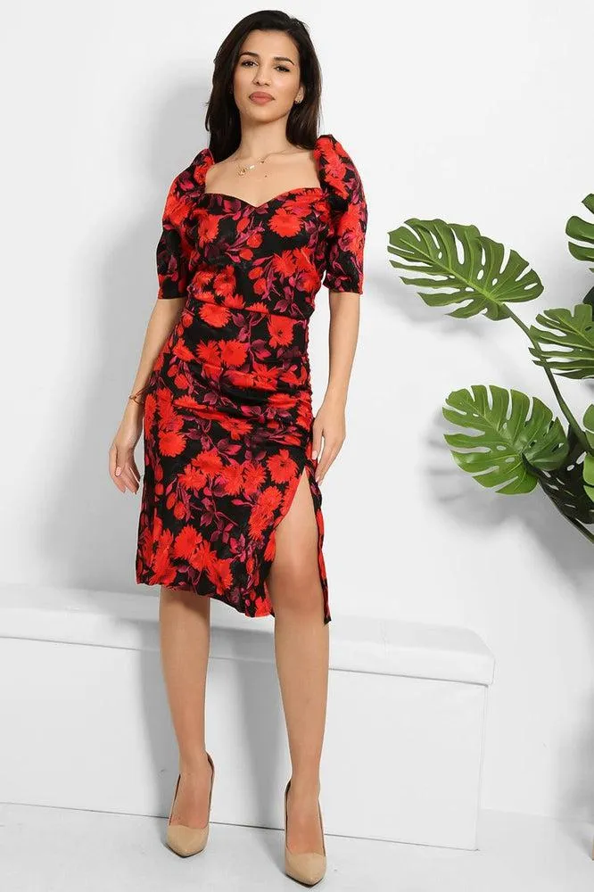 Red Black Floral Print Milkmaid Dress