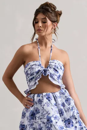 Roam | Floral Print Halter V-Neck Ruffle Crop Top