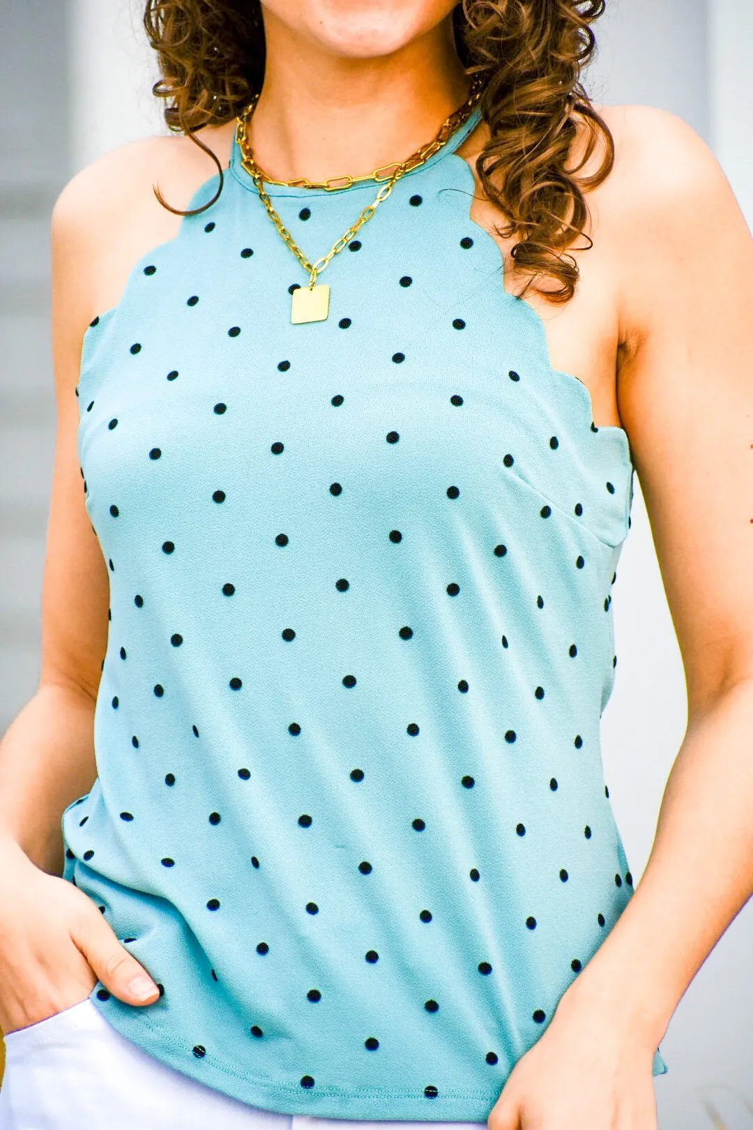 Say I Won't Light Teal Polka Dot Halter Top