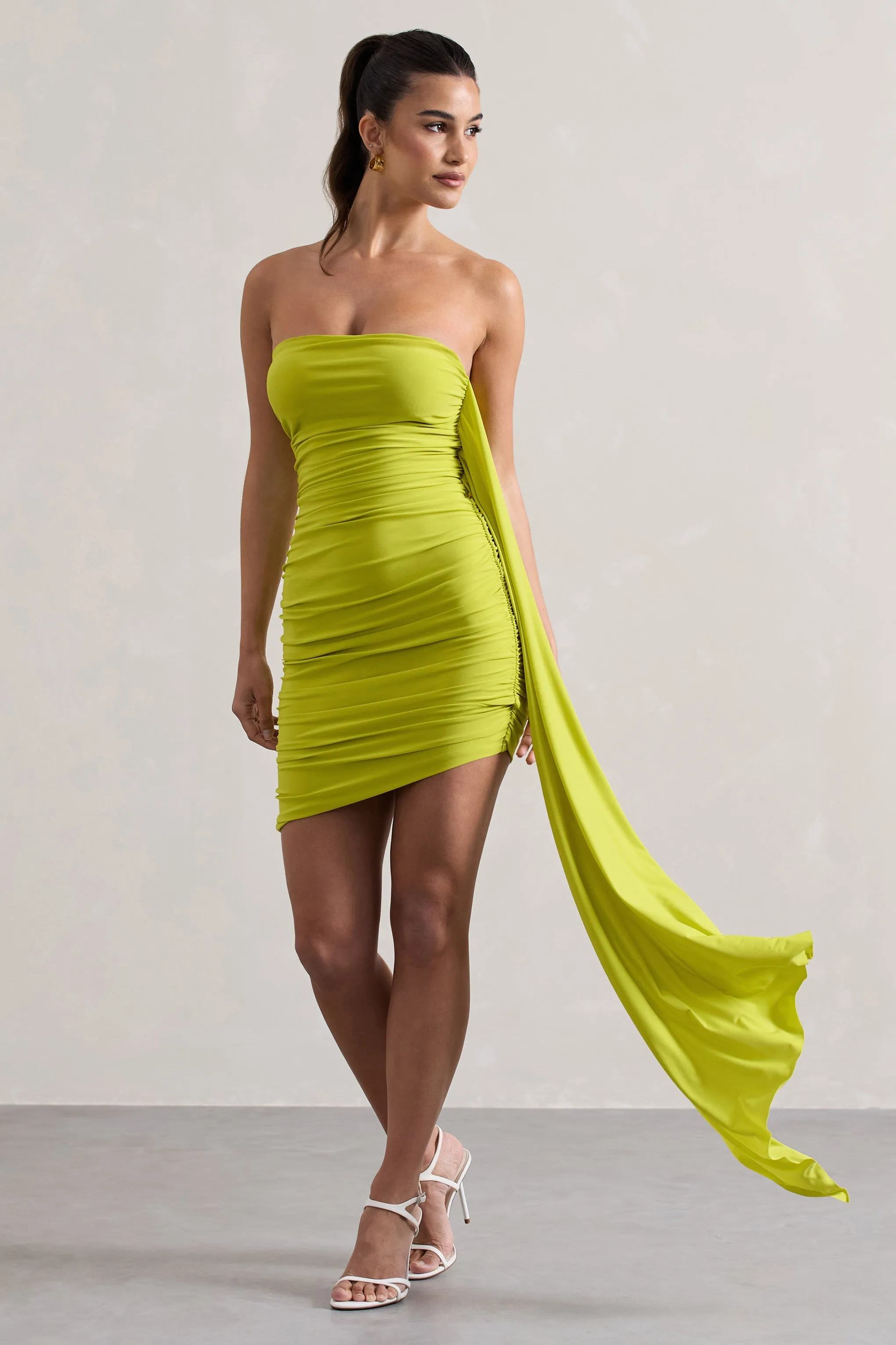 Siena | Lime Ruched Asymmetric Mini Dress With Sash