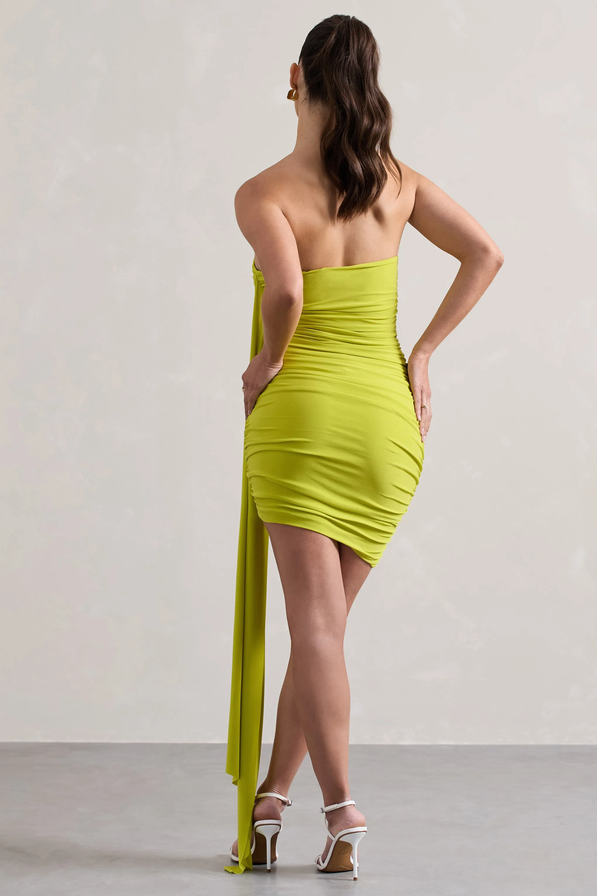 Siena | Lime Ruched Asymmetric Mini Dress With Sash