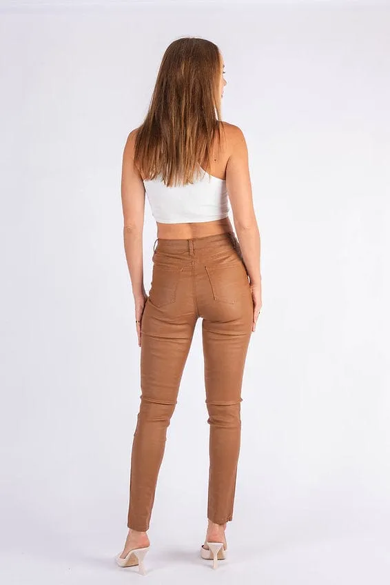 Wakee Denim Leather Look Coated Jean - Tan