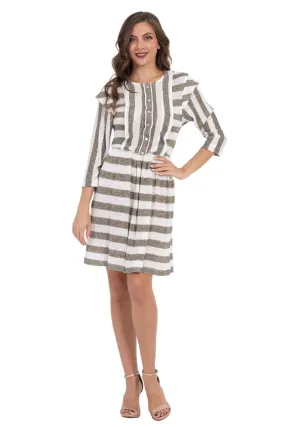 White & Gold Striped Knit Mini Dress With Sleeves